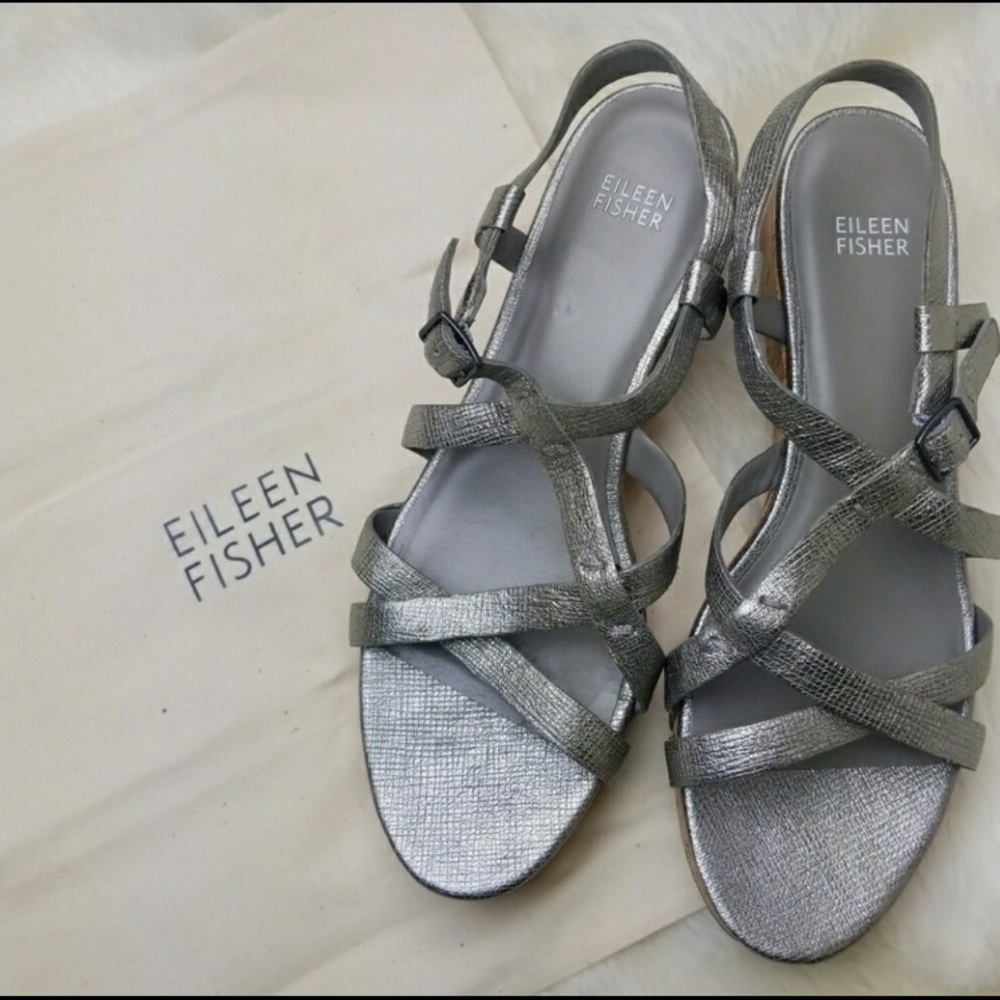 Eileen Fisher Silver Cork Wedge Sandals (O1299)